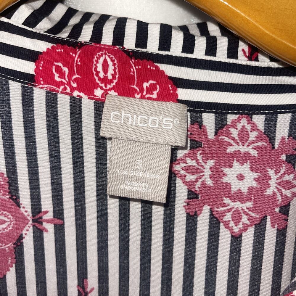 Chicos Sz 3 XL Black White Stripe Button Up Shirt Tunic Blouse Classic Rose Red - Picture 4 of 11